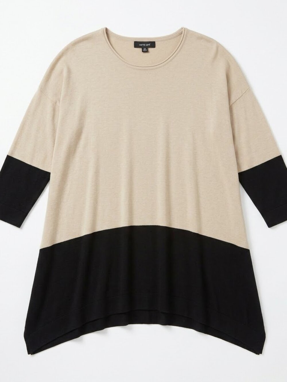 Verve Ami 2X Sweater Women Plus Size Tan Black Colorblock Knit Tunic Hi-Low Hem